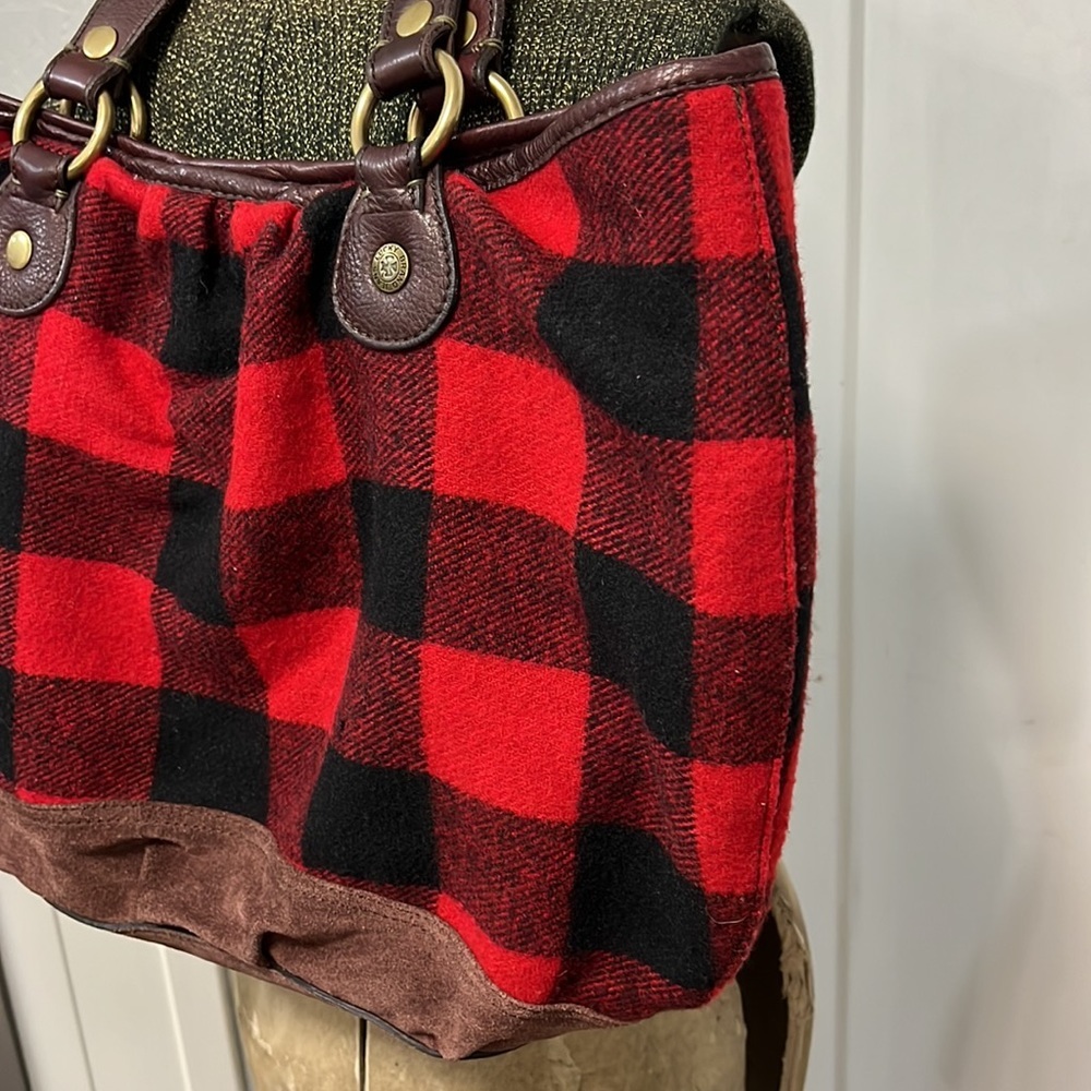 Lucky Brand Buffalo Plaid Red Black Wool Cotton Leather Large Tote Shoulder Bag View 5